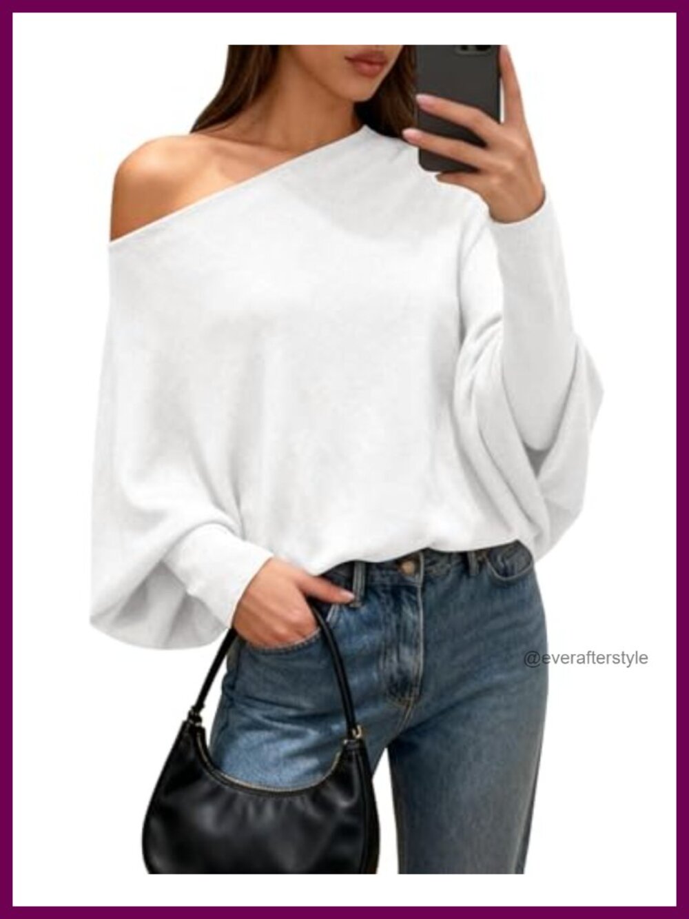 Women's Off Shoulder Batwing Knit Sweater Long Sleeve Pullover Loose Fit